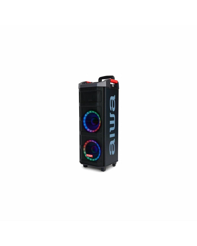Aiwa KBTUS608MKII black 600W speakers with sleek design, shown from a front view, part of audio and hi-fi electronic equipment.