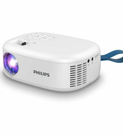Philips NPX113 HD projector displaying a clear image on a wall, with 100 lumens brightness and 1920x1080 resolution.