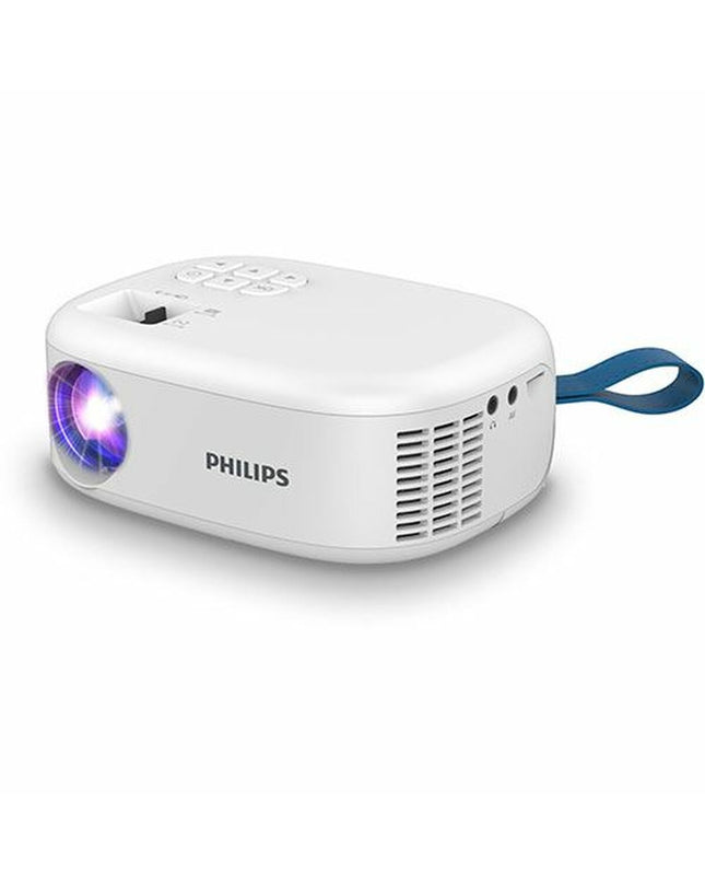 Philips NPX113 HD projector displaying a clear image on a wall, with 100 lumens brightness and 1920x1080 resolution.
