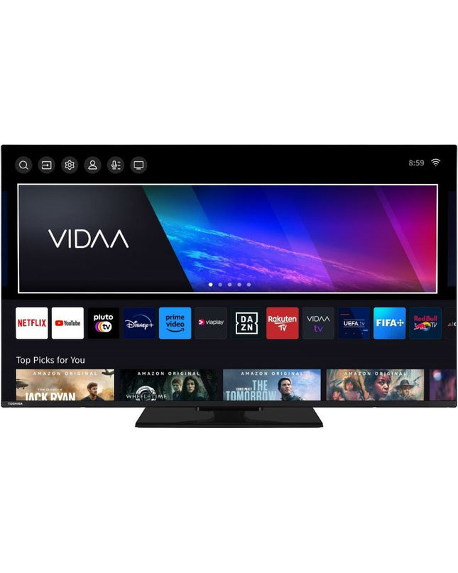 Toshiba 65-inch 4K Ultra HD LED Smart TV with HDR, sleek black screen displaying vibrant colors, modern electronic home entertainment device