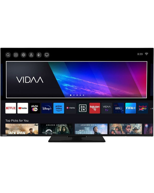 Toshiba 65-inch 4K Ultra HD HDR QLED Smart TV with sleek black bezel and screen displaying vibrant colors.