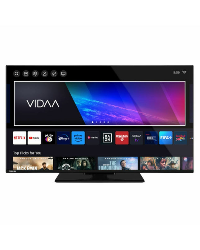Toshiba 43-inch 4K Ultra HD D-LED Smart TV displaying vibrant images in a modern living room setting.