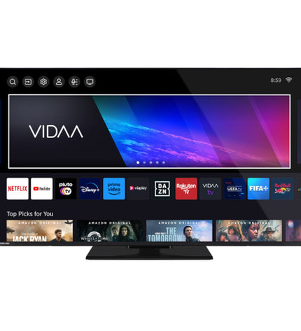Toshiba 50-inch 4K Ultra HD D-LED Smart TV displaying vibrant colorful images in a modern living room setting