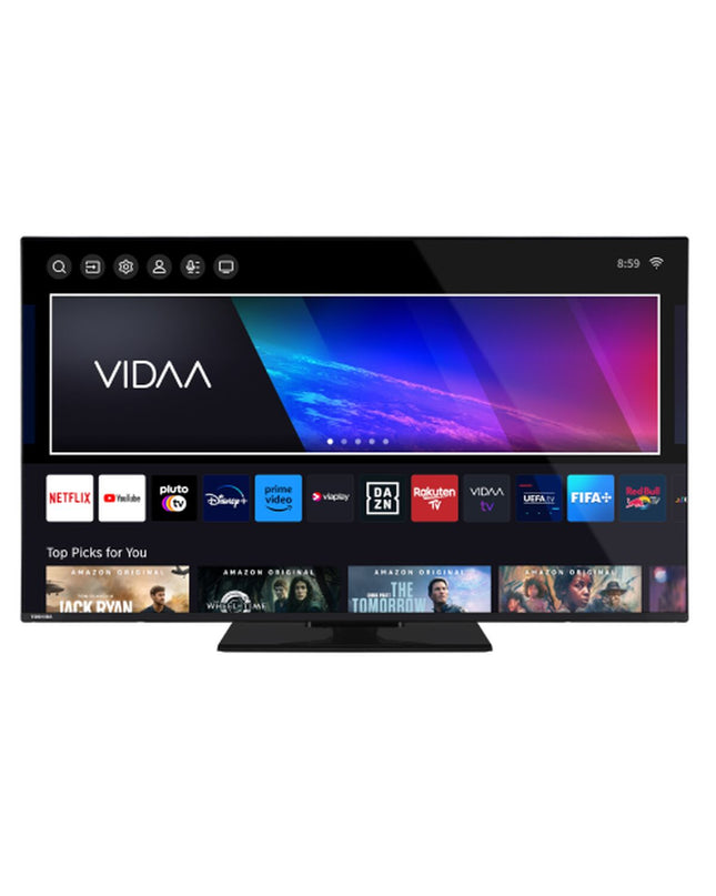 Toshiba 50-inch 4K Ultra HD D-LED Smart TV displaying vibrant colorful images in a modern living room setting