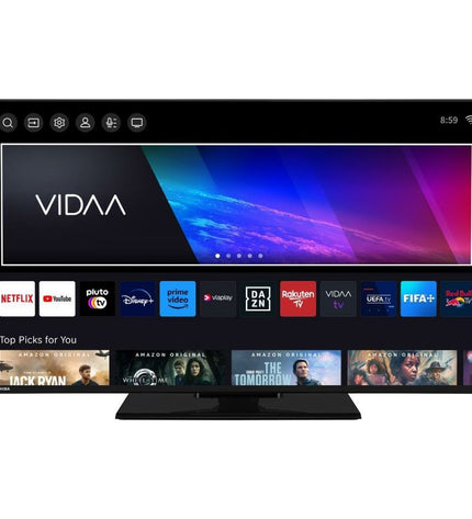 Toshiba 43-inch 4K Ultra HD QLED Smart TV displaying vibrant home screen with colorful images and sleek black frame.
