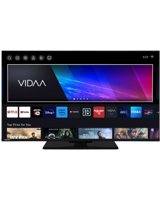 Toshiba 43-inch 4K Ultra HD QLED Smart TV displaying vibrant home screen with colorful images and sleek black frame.