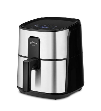 UFESA Hawk air fryer on kitchen counter, compact electric appliance for healthy frying, black plastic exterior with digital controls.