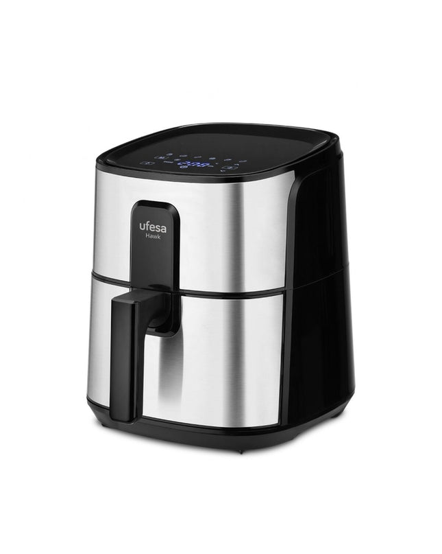 UFESA Hawk air fryer on kitchen counter, compact electric appliance for healthy frying, black plastic exterior with digital controls.