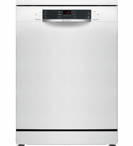 Bosch SMS46KW01E dishwasher in white, showing the front view with control panel and interior racks for kitchen use.