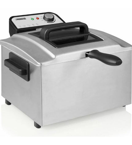 Princess 184090 small electric deep fryer for home cooking, with a compact design and stainless steel exterior.