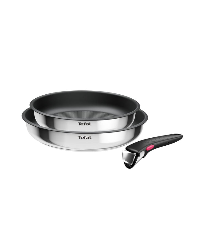 Tefal L8813S75 cookware set with non-stick pans, including frying and saucepans, arranged on a kitchen countertop.