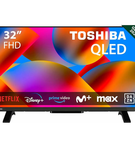 Toshiba 32-inch Smart TV 32QV2F63DG with Full HD, HDR10, and QLED display showing a vibrant home entertainment scene