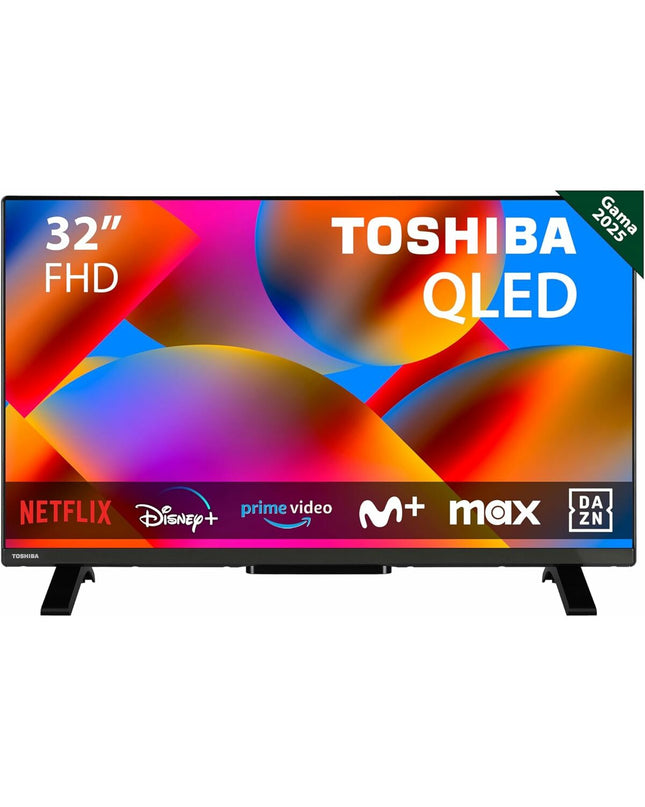 Toshiba 32-inch Smart TV 32QV2F63DG with Full HD, HDR10, and QLED display showing a vibrant home entertainment scene