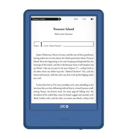 Blue SPC 5615A eBook reader with screen displaying digital text, compact design, and control buttons on the side.