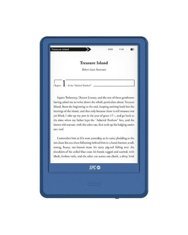 Blue SPC 5615A eBook reader with screen displaying digital text, compact design, and control buttons on the side.