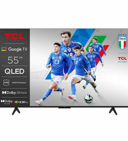 55-inch TCL Smart TV 4K Ultra HD HDR QLED displaying vibrant colors on a modern living room setup.