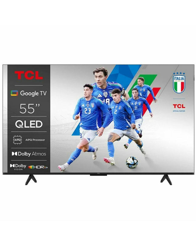 55-inch TCL Smart TV 4K Ultra HD HDR QLED displaying vibrant colors on a modern living room setup.