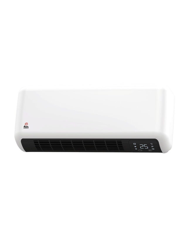 Grupo FM TS-20 portable white heater with 2000W heating element, suitable for home and kitchen use.