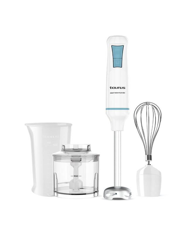 Taurus ROBOT 1000 PLUX Wit hand blender with stainless steel blending shaft and control buttons, ideal for kitchen use