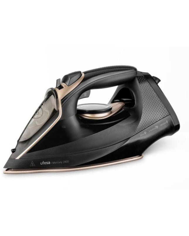 UFESA 80106212 black steam iron with 2800W, shown with sleek design for home ironing and fabric care.