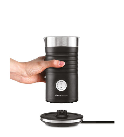UFESA Melkopschuimer 71606200 in stainless steel, compact electric device for foaming milk, ideal for home kitchen use.