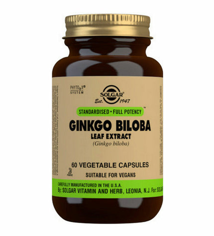 Solgar Ginkgo biloba supplement bottle with label showing capsules and branding, for health and personal care.