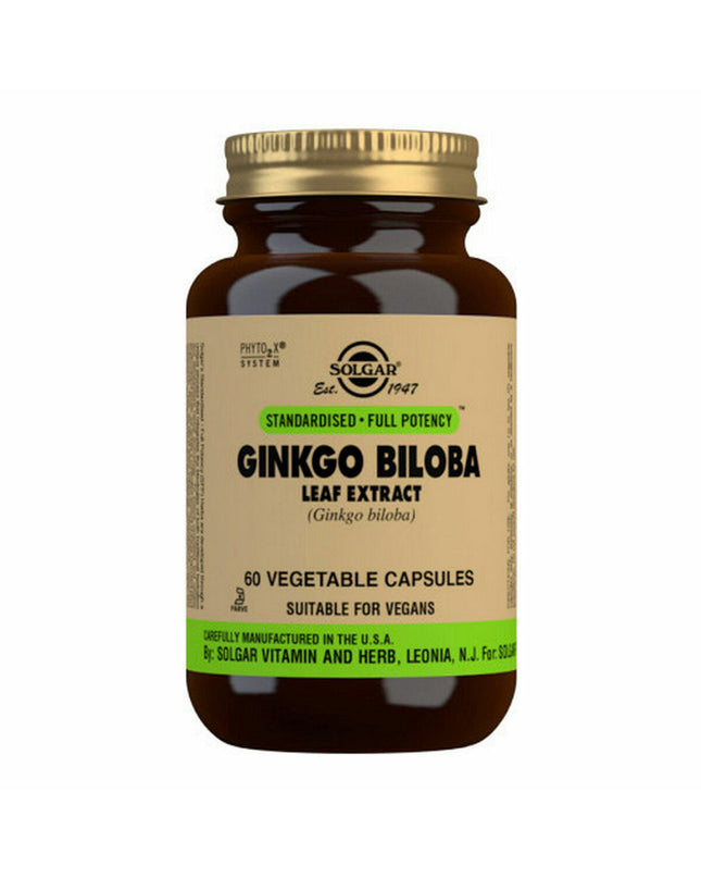 Solgar Ginkgo biloba supplement bottle with label showing capsules and branding, for health and personal care.