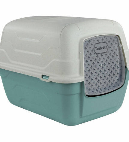 Set of seven Georplast plastic cat litter boxes, 52x40x40 cm, arranged for easy access and cleaning, perfect for cat owners.