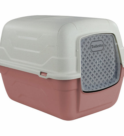 Set of seven Georplast plastic cat litter boxes, 52x40x40 cm, in neutral colors, designed for indoor cat use.