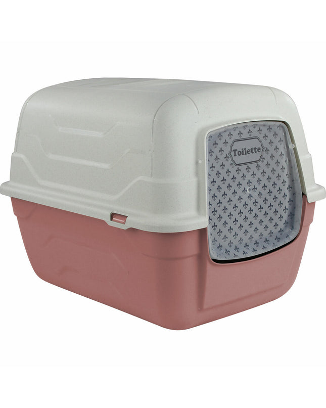 Set of seven Georplast plastic cat litter boxes, 52x40x40 cm, in neutral colors, designed for indoor cat use.