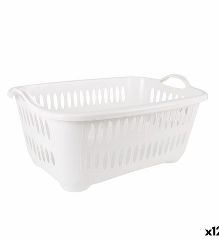 White Tontarelli plastic laundry baskets with handles, 62.5 x 44.5 x 27.5 cm, set of 12 for home organization.