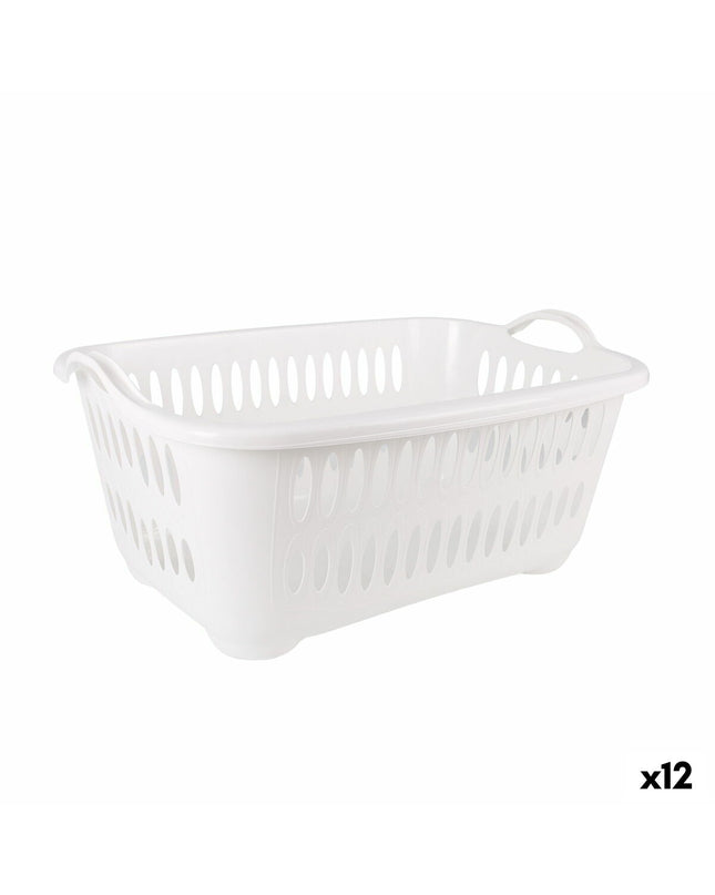 White Tontarelli plastic laundry baskets with handles, 62.5 x 44.5 x 27.5 cm, set of 12 for home organization.