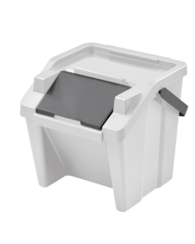 Tontarelli Moda white stacking recycling trash bins, 28L capacity, set of six, for home and kitchen organization.