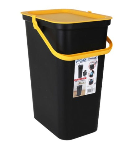 Six Tontarelli Moda yellow and black 24L recycling trash bins for home and kitchen storage and organization.