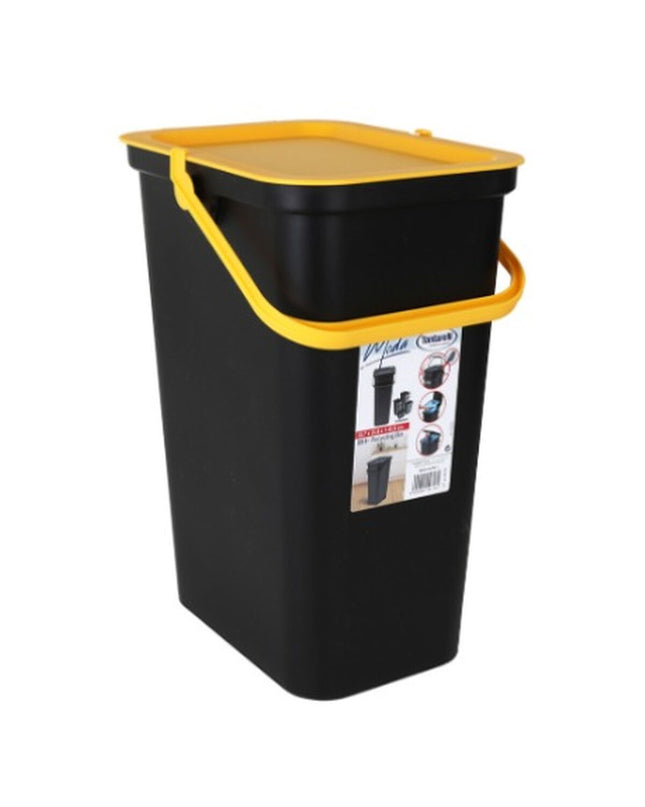 Six Tontarelli Moda yellow and black 24L recycling trash bins for home and kitchen storage and organization.