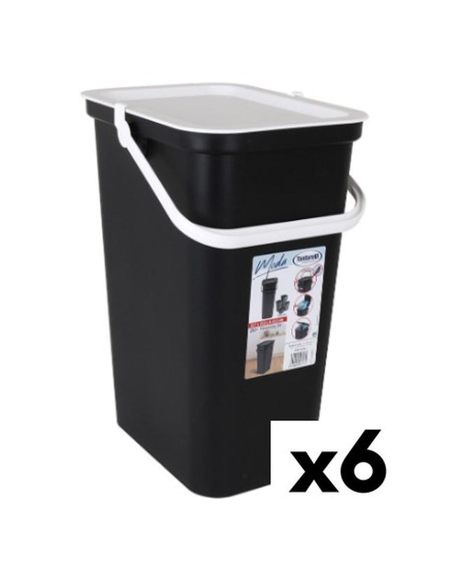 Set of six Tontarelli Moda white and black 24L recycling bins for home organization and waste sorting.