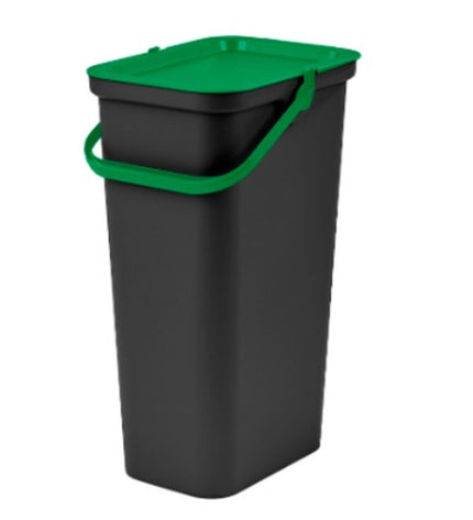 Six Tontarelli Moda recycling trash bins in black and green, 24L, for home storage and organization.