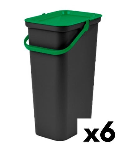 Tontarelli Moda black and green 24L recycling trash bins, six-piece set, for home storage and organization.