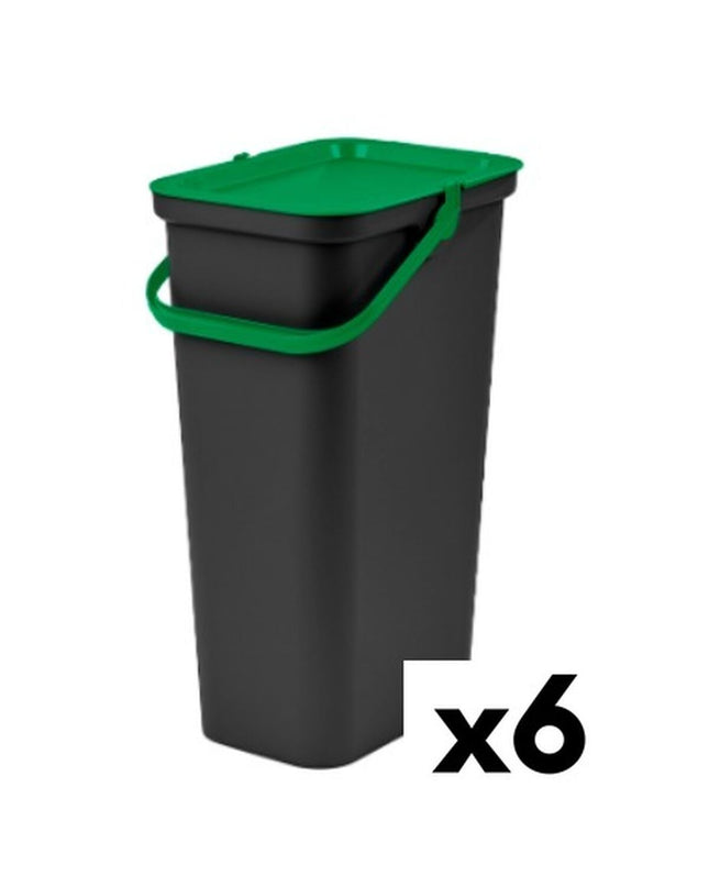 Tontarelli Moda black and green 24L recycling trash bins, six-piece set, for home storage and organization.