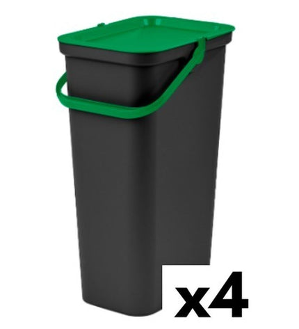 Set of four Tontarelli Moda Groen 38L recycling trash bins for home organization and kitchen waste sorting.