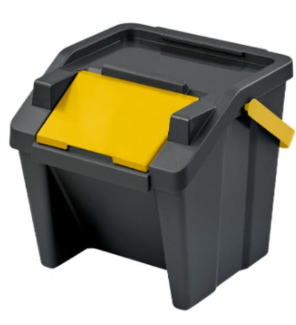 Six yellow Tontarelli Moda stacking recycling bins, 28L capacity, designed for home organization and kitchen waste management.