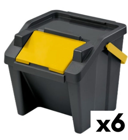 Set of six yellow Tontarelli Moda recycling bins, 28L, stackable, ideal for home organization and waste sorting.