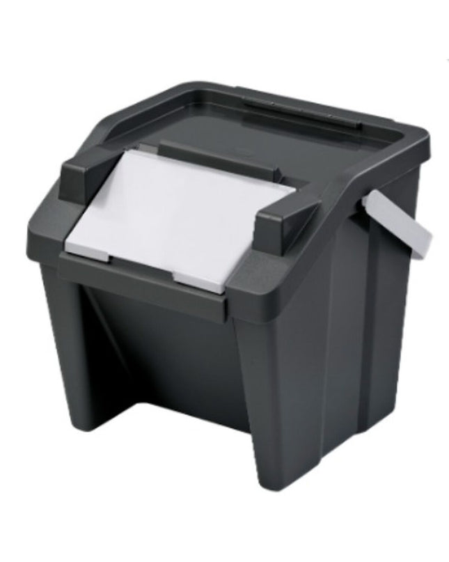 Stackable Tontarelli Moda recycling trash bins in white and black, 28 L capacity, designed for home kitchen organization.