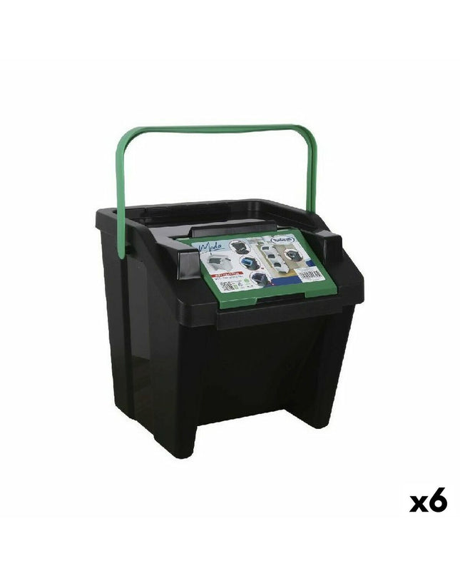 Stackable Tontarelli Moda Groen 28L recycling bins for home organization, shown in a set of six for kitchen and storage use.