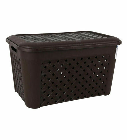Six black Tontarelli Arianna laundry baskets with lids, 48.3L capacity, suitable for household storage and organization.