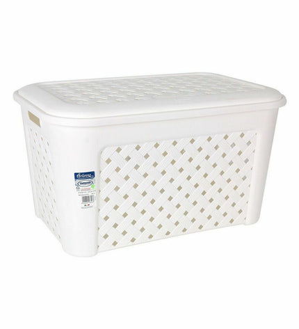 Set of six Tontarelli Arianna white laundry baskets with lids, measuring 58x39x32 cm, for home storage and organization.