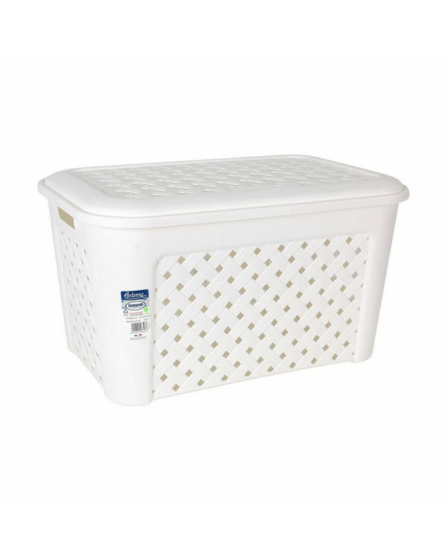 Set of six Tontarelli Arianna white laundry baskets with lids, measuring 58x39x32 cm, for home storage and organization.