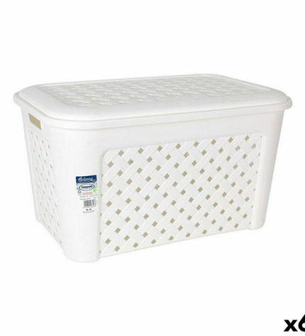 Set of six Tontarelli Arianna white laundry baskets with lids, measuring 58x39x32 cm, for home storage and organization.