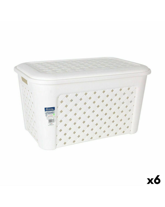 Set of six Tontarelli Arianna white laundry baskets with lids, measuring 58x39x32 cm, for home storage and organization.