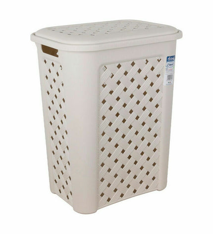 Beige Tontarelli Arianna laundry baskets with lids, 37.5 x 27.5 x 47 cm, set of 6 for home organization and storage.